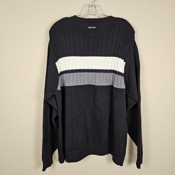 Vintage NAUTICA Crewneck Cable Knit Chunky Sweater Mens Size Large Striped Navy - Picture 1 of 9